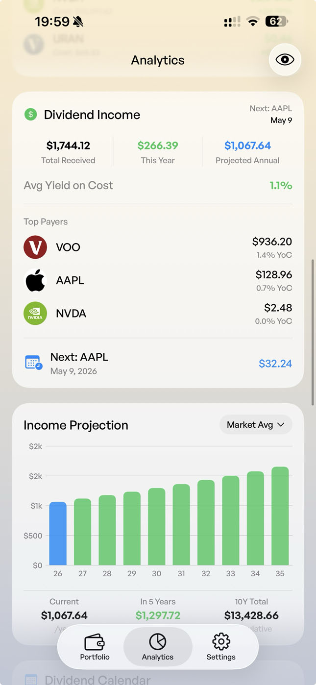 DecentWealth dividend tracker showing upcoming dividend payments and annual income projections