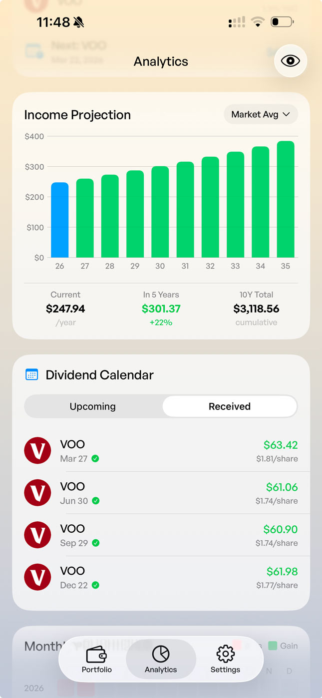 DecentWealth dividend calendar showing upcoming payment dates and projected annual income