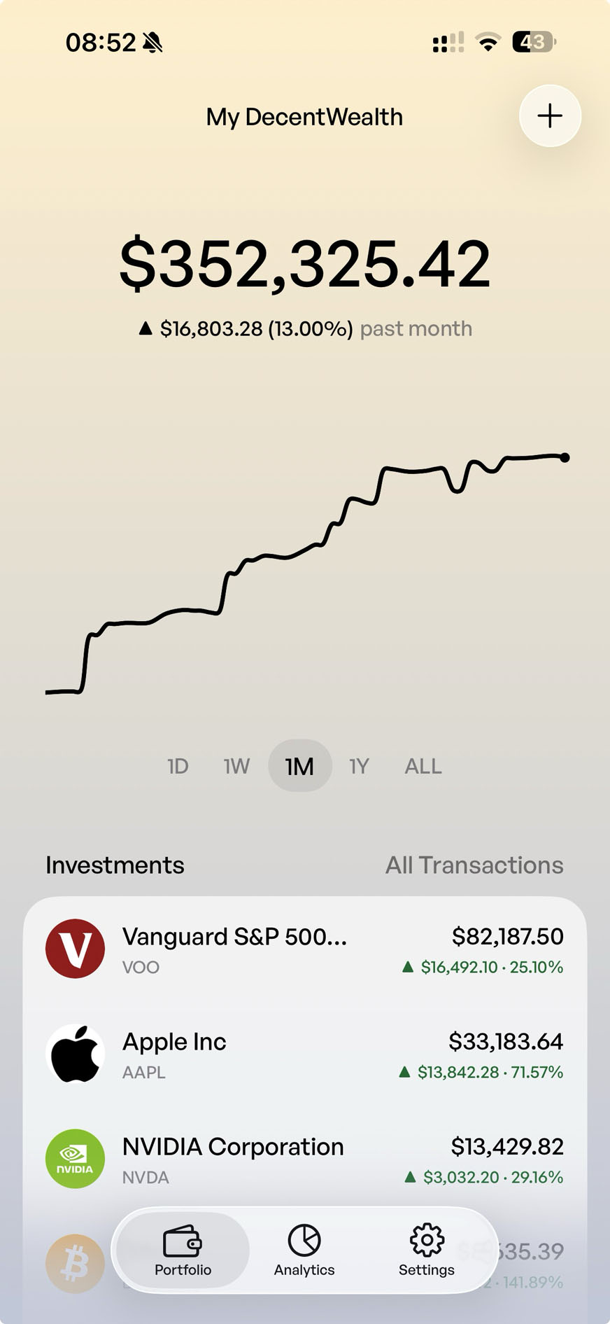 DecentWealth portfolio tracker app running natively on iPhone