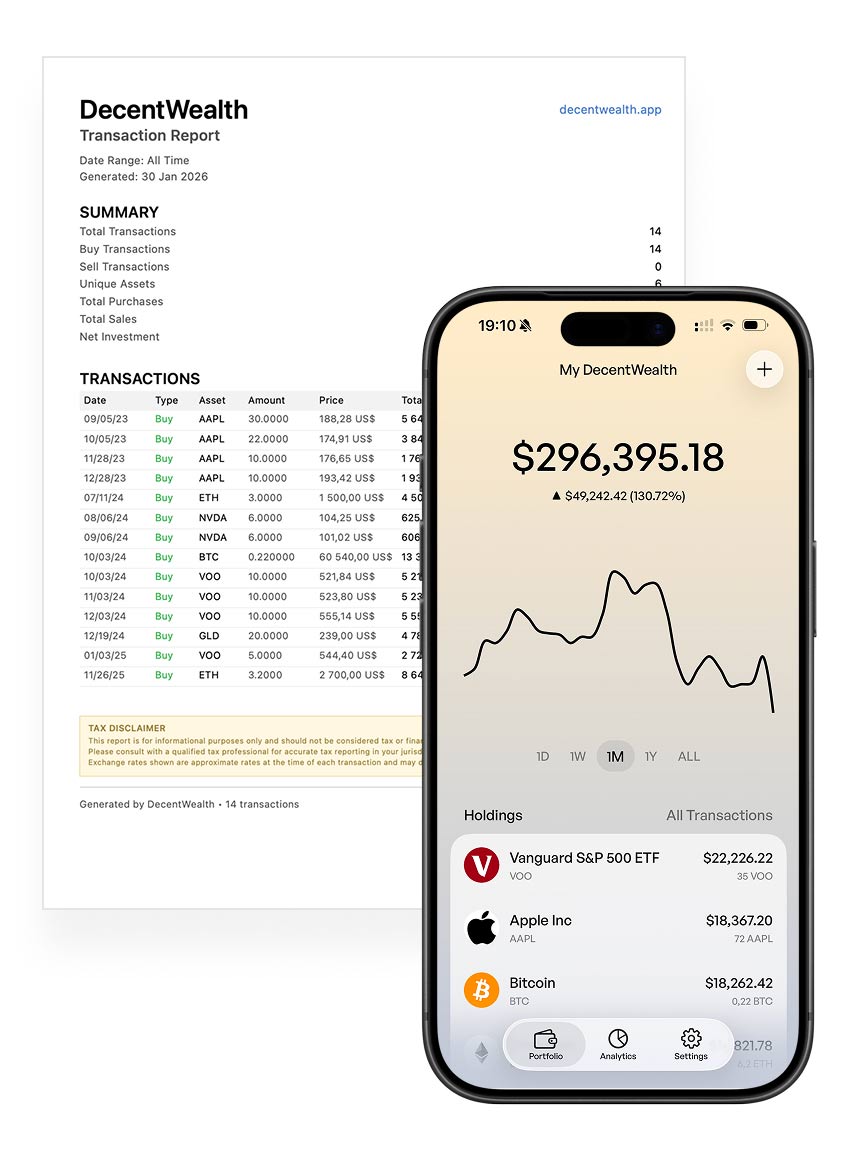 DecentWealth Steuerexport mit CSV und PDF Optionen